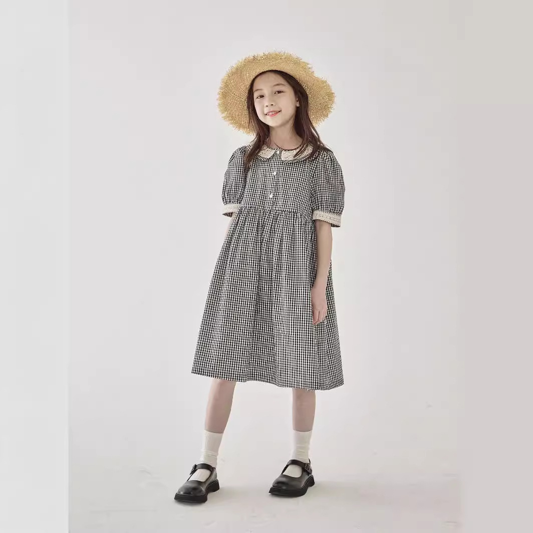 Girls Summer Forest Black And White Checkered Puff Sleeve Dress Children's Literary Splicing Lace Collar Retro Long Skirt