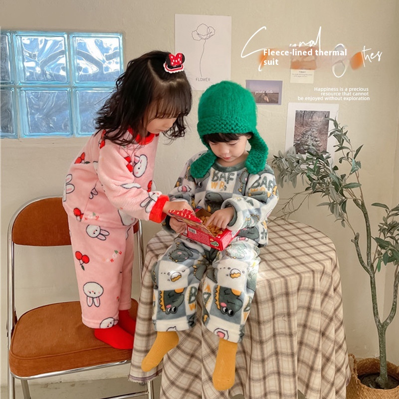 Children's Autumn And Winter Flannel Pajamas Set Girls Plus Velvet Thickened Home Clothes Boys Warm Underwear Set