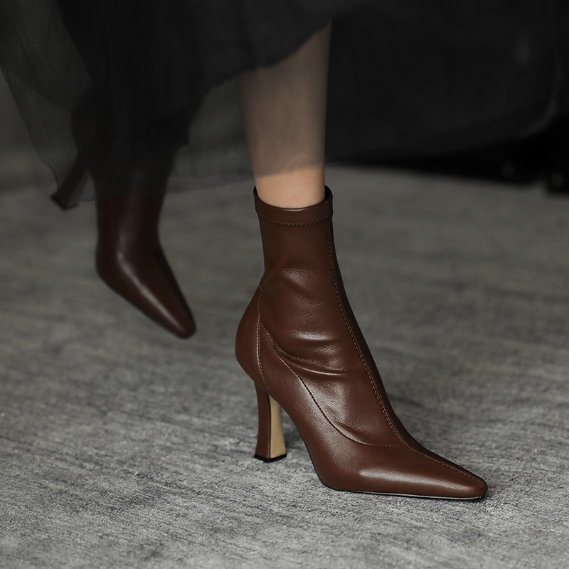 Internet Celebrity Slim Boots Pointed Toe High Heel Boots Short Boots Women's Autumn And Winter Single Boots Sexy Thick Heel Elastic Boots - 2