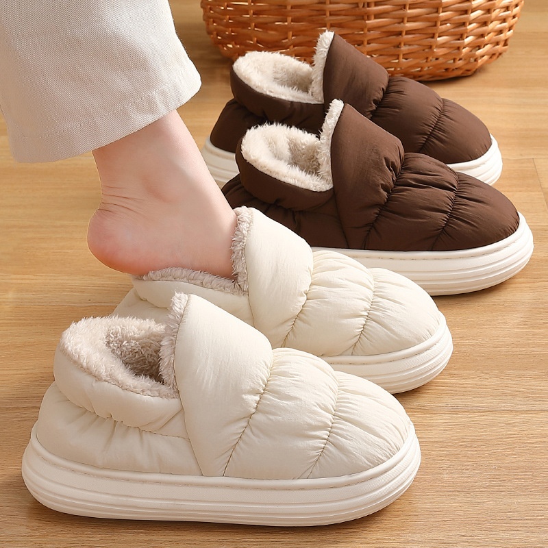 Women's Winter Cotton Shoes With Down Fabric, Waterproof, Thick-Soled, Warm, Indoor Non-Slip, Fleece-Lined, Closed-Back Cotton Slippers For Men, Suitable For Autumn And Winter