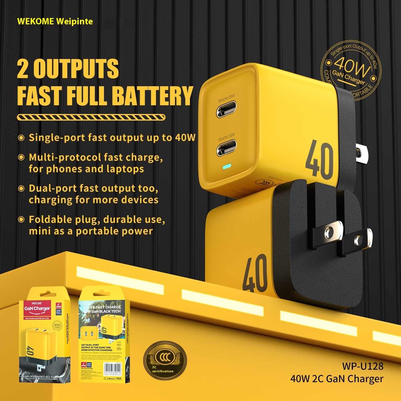 Wekome Gallium Nitride 40W Mobile Phone Charging Head Applicable To Apple Iphone14 Charger Tyep-c British Standard