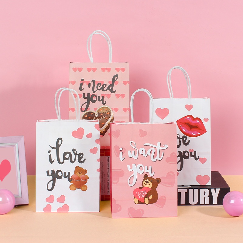 Hong Kong Love Cute Bear Printed Kraft Paper Bag Simple Cartoon Gift Handbag Holiday Valentine's Day Gift Bag