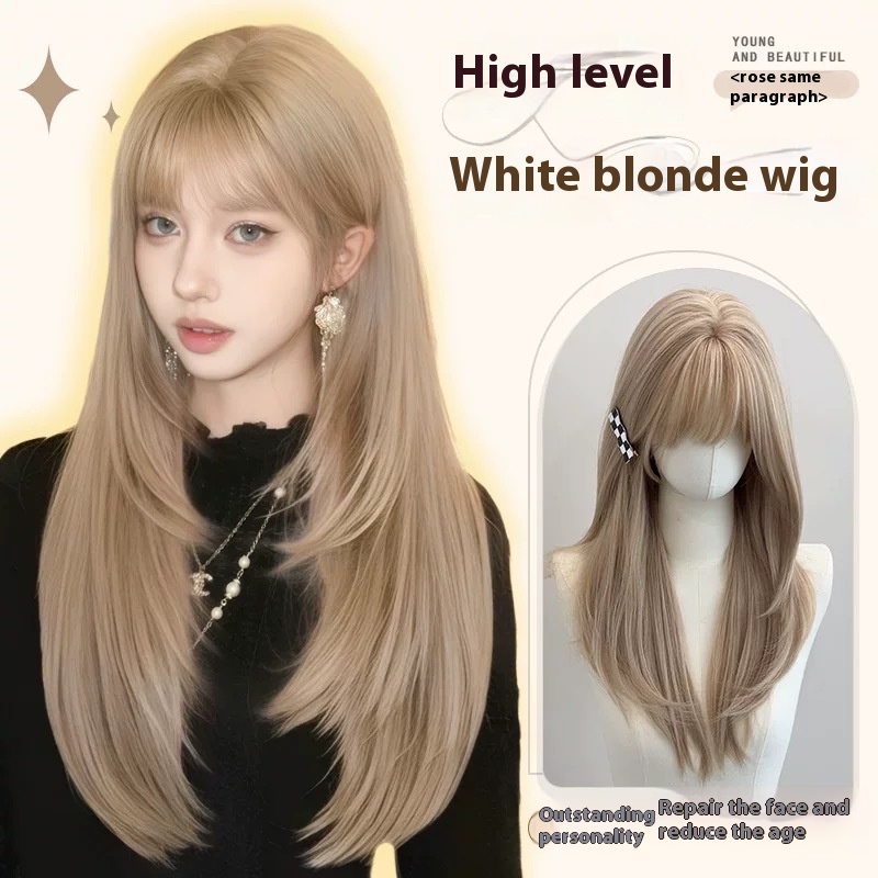 Rose With Hair Color White Gold Wig Women's Full Head Cover High-level Women's Group Sweet