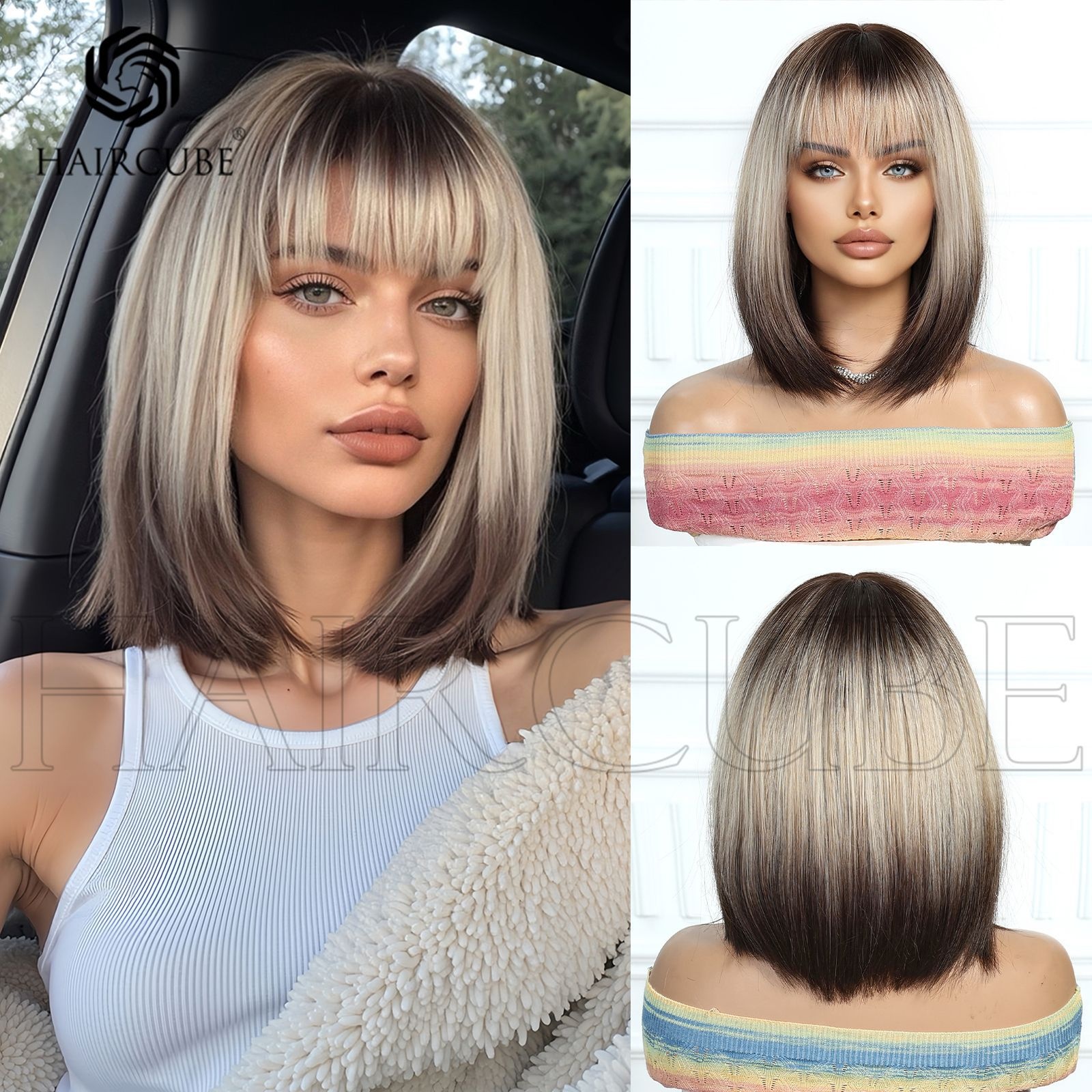 Wig Headgear Bobo European And American Gradient Straight Hair Headgear Ready-Made Bobo Bangs Short Straight Hair