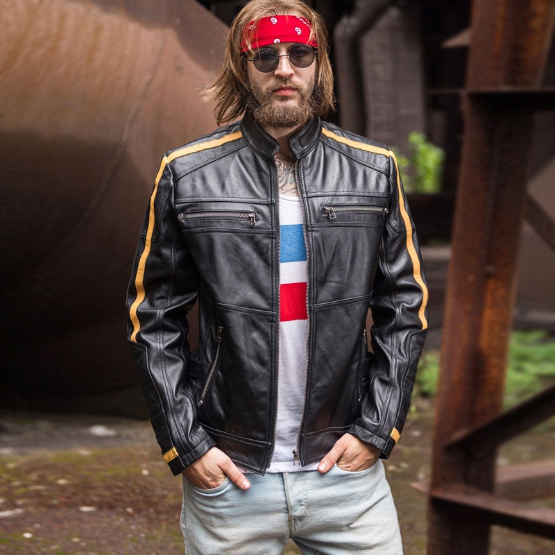 Standing Collar Short Sheepskin Slim Fashion Biker Leather Jacket