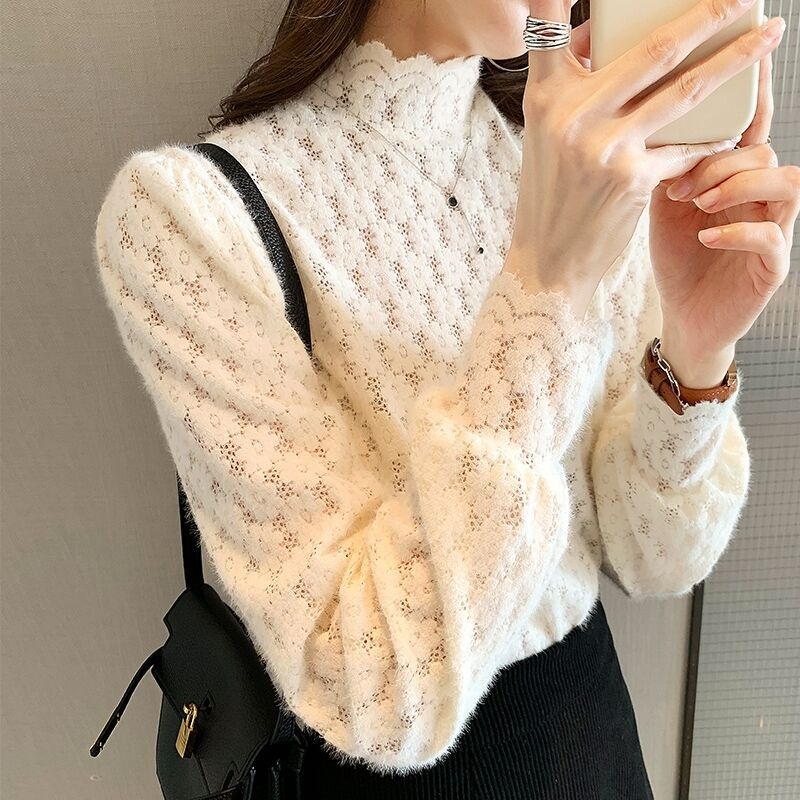 Korean Version Of Long-sleeved Half-high Collar Lace Shirt For Women Autumn And Winter Style Fashionable And Stylish Inner Wear Bottoming Yarn Top