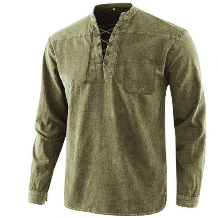 European And American Men's Solid Color Retro Lace-up Men's Tops Casual Shirts