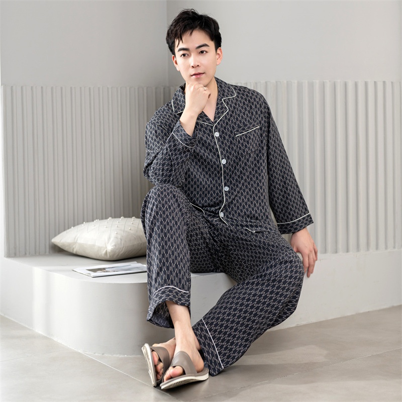 Pajamas Men's Spring And Autumn Thin Cotton Silk Long-sleeved Trousers Suit Outer Wear Summer Large Size Home Clothes