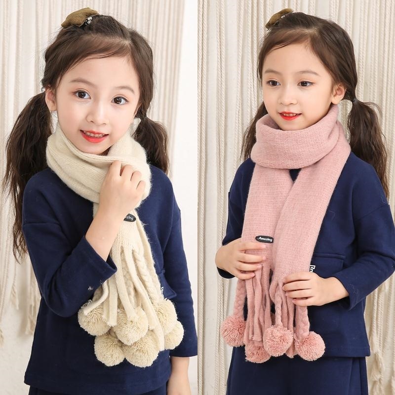 Children's Twist Hanging Ball Long Scarf Autumn And Winter Korean Style Knitted Wool Solid Color Warm Scarf For Boys And Girls Baby