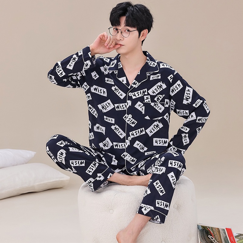 Artificial Cotton Men's Pajamas Spring And Summer Long-sleeved Trousers Suit Cotton Silk Home Clothes Dad's Pajamas Thin Section