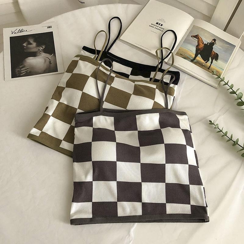Checkerboard Lattice Camisole Small Vest Underwear Women's One-piece Cup Tube Top Inner Wear Outer Wear Hot Girl Bottoming Chest Wrap