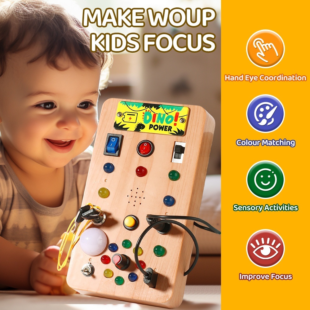 Children's Educational Toys 3-6 Wooden LED Lights Busy Block Early Education Power Button Red And Green Lamps