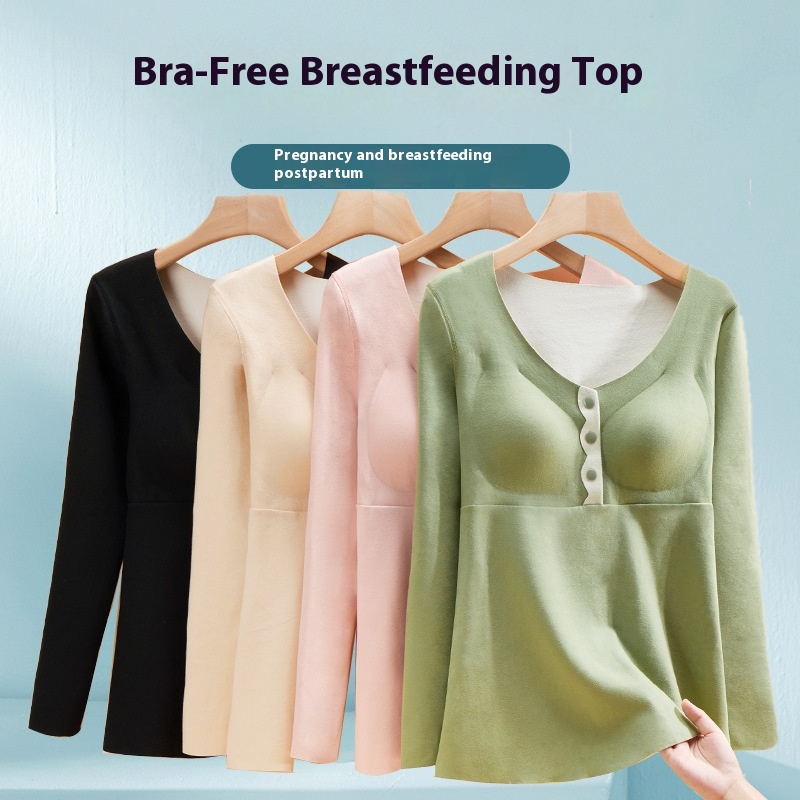Pregnant Women's Thermal Underwear, Women's Brushed Autumn And Winter Bottoming Shirts, Bra-free, Postpartum, Confinement, Breastfeeding And Feeding Tops