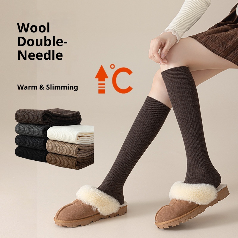 Merino Wool Calf Socks Autumn And Winter Thickened Double Needle Striped Beautiful Legs And Knee Socks Japanese JK Pressure Stockings Women