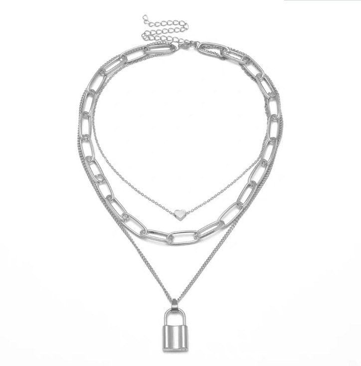 Punk Hip-hop Exaggerated Thick Chain Necklace,Multi-layer Lock-shaped Heart Necklace