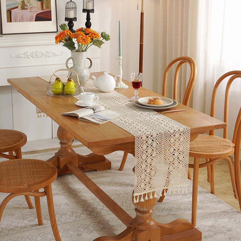 American Light Luxury Retro Table Flag Palace Handmade Hook Flower Hollow Polyester Cotton Tassel Lace Placemat Dining Table Side Cabinet