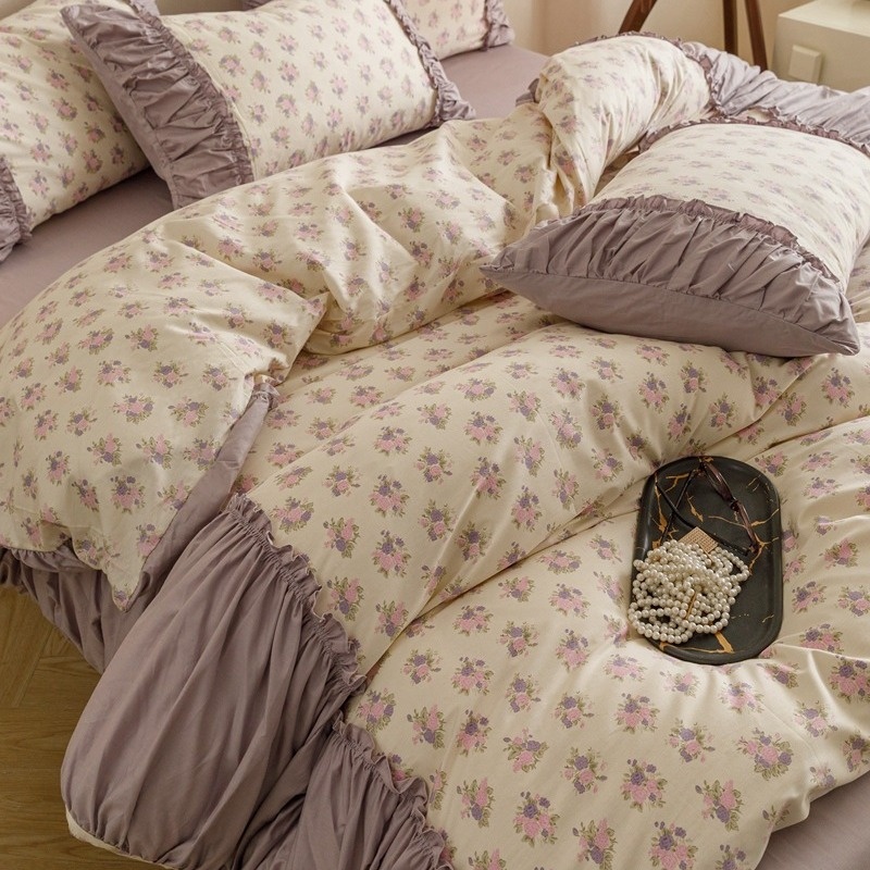 French Pure Cotton Bedding Set Four-piece Cotton Retro Small Floral Pastoral Style Quilt Cover Ruffled Bed Sheet
