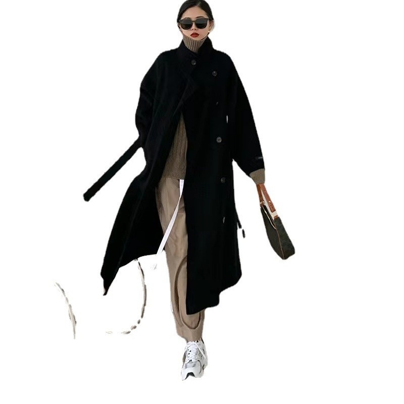Design Sense Stand Collar Side Single-breasted Double-sided Wool Coat Woolen Coat Women's Korean Version Autumn And Winter Medium And Long Style - 5