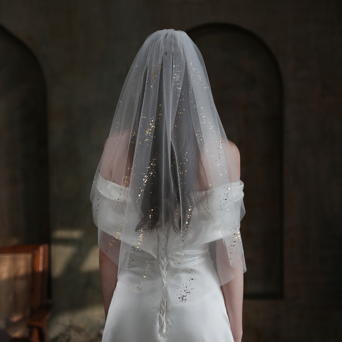 V854 European And American Gold Glitter Bridal Veil White Single Layer Super Fairy License Photo Wedding Headdress