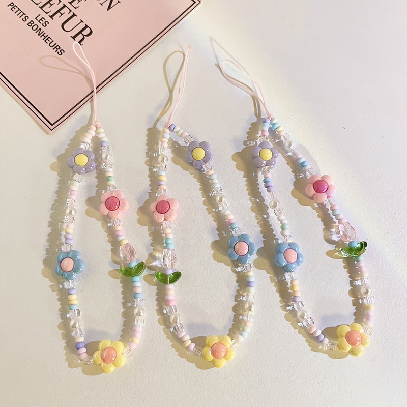 Summer Fresh Flower Beads Chain Pendant Universal Mobile Phone Case Lanyard Camera CCDPendant Keychain For Women