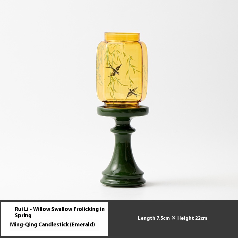 Wuxin Collection Chinese Style Glass Emerald Candle Holder Yan Gui Ambient Light Aromatherapy Candle Tea Ceremony Accessories Desktop Decoration