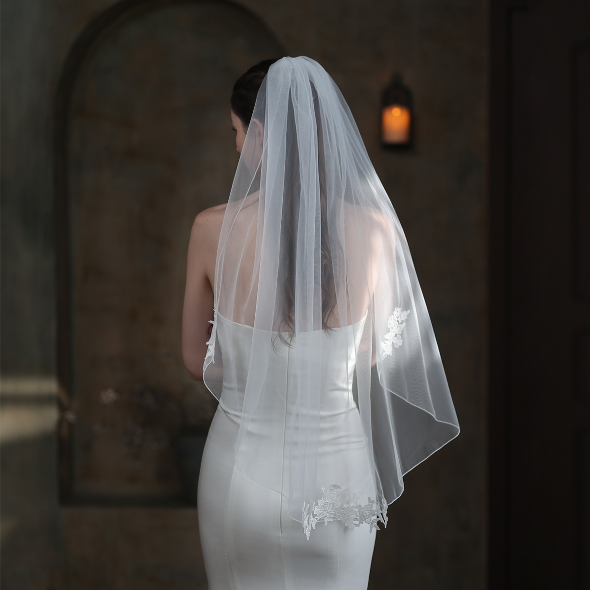 V843 Bridal Veil Simple White Single Layer Lock Edge Lace Flower Piece Wedding Travel Wedding Headdress