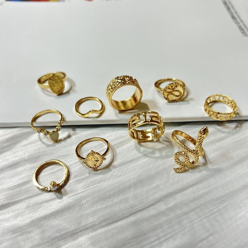 European And American Alloy Jewelry Fashion Personality Exaggerated Carved Buddha Statue Diamond Snake Shape10-piece Ring Set For Women