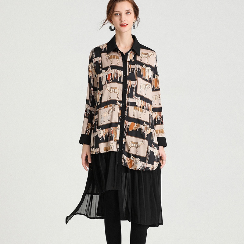 Plus Size Women's Clothing Spring Style Fashionable Splicing Pleated Medium And Long Loose Plus Size Chiffon Cardigan