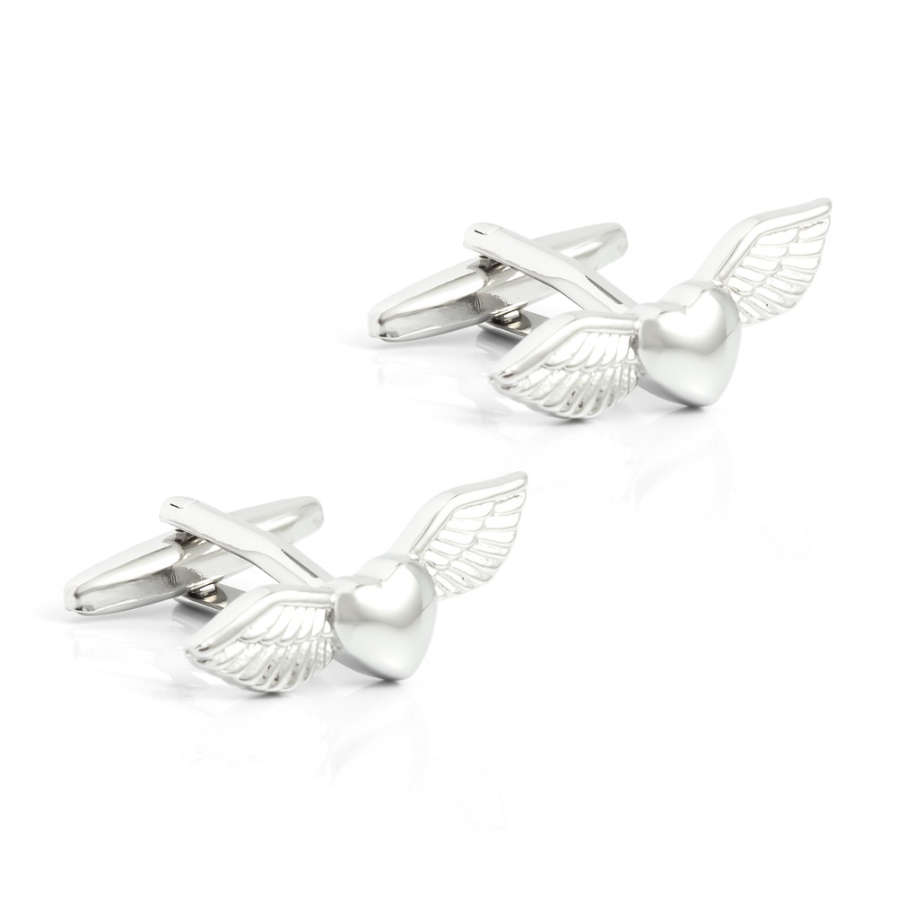 Heart-Shaped Wings Electroplated Silver Metal Cufflinks Unisex French Shirt Cufflinks