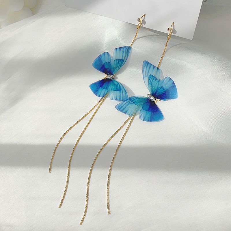 Arrival Y Earrings Simple Blue Butterfly Elegant Tassel Long Design Ear Drop Fairy Tulle Earrings