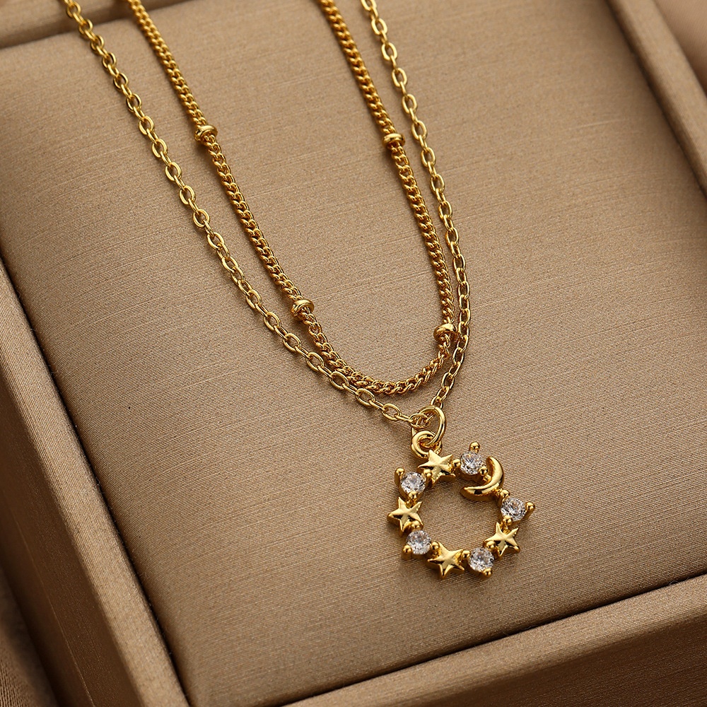 Retro Simple Fashion Necklace Chain Niche Design Double Layer Zircon Star Chain Women Necklace Gift