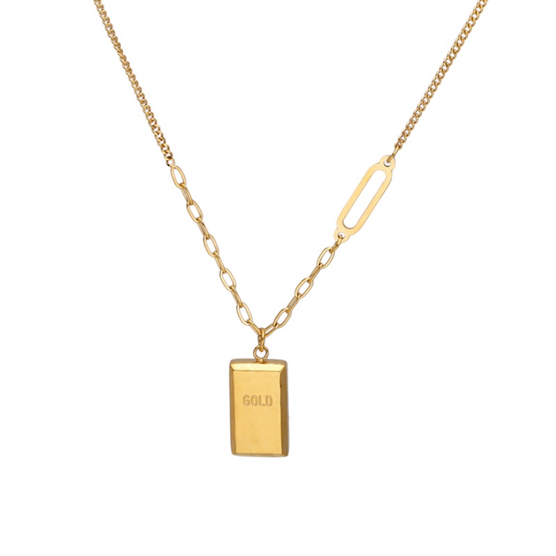 Rich Gold Small Gold Brick Necklace Women's Light Luxury Niche Exquisite18 K Plated Small Gold Bar Pendant Clavicle Chain Jewelry