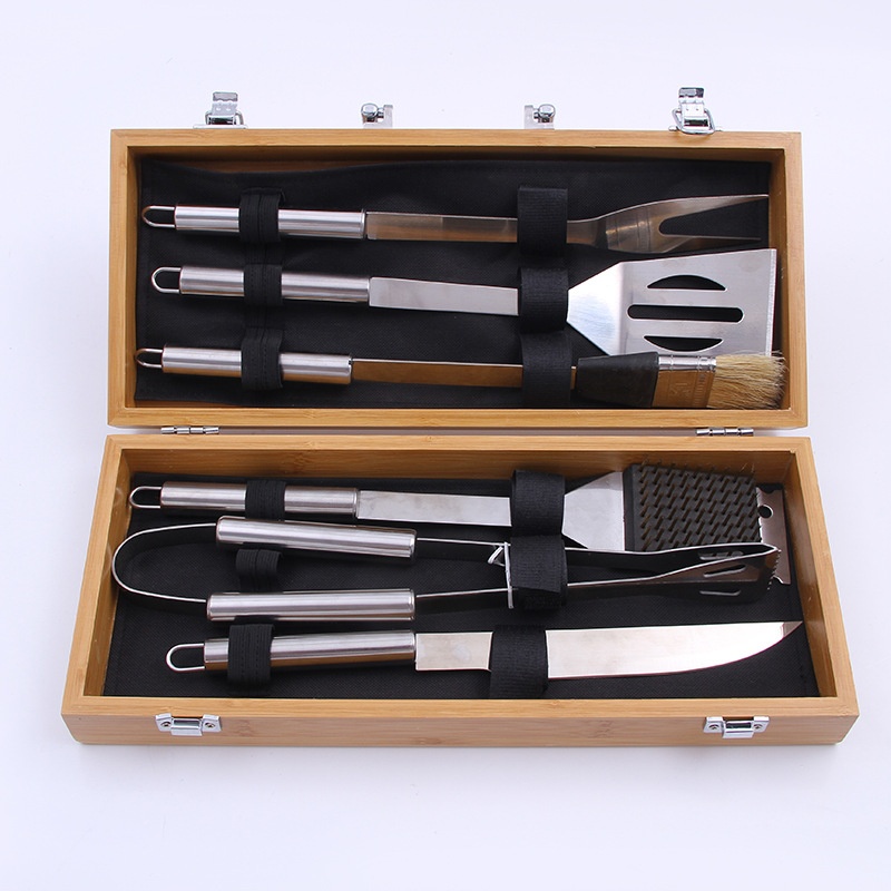 Wooden Box Six-piece Barbecue Tool Set Outdoor Camping BBQBarbecue Combination Set S