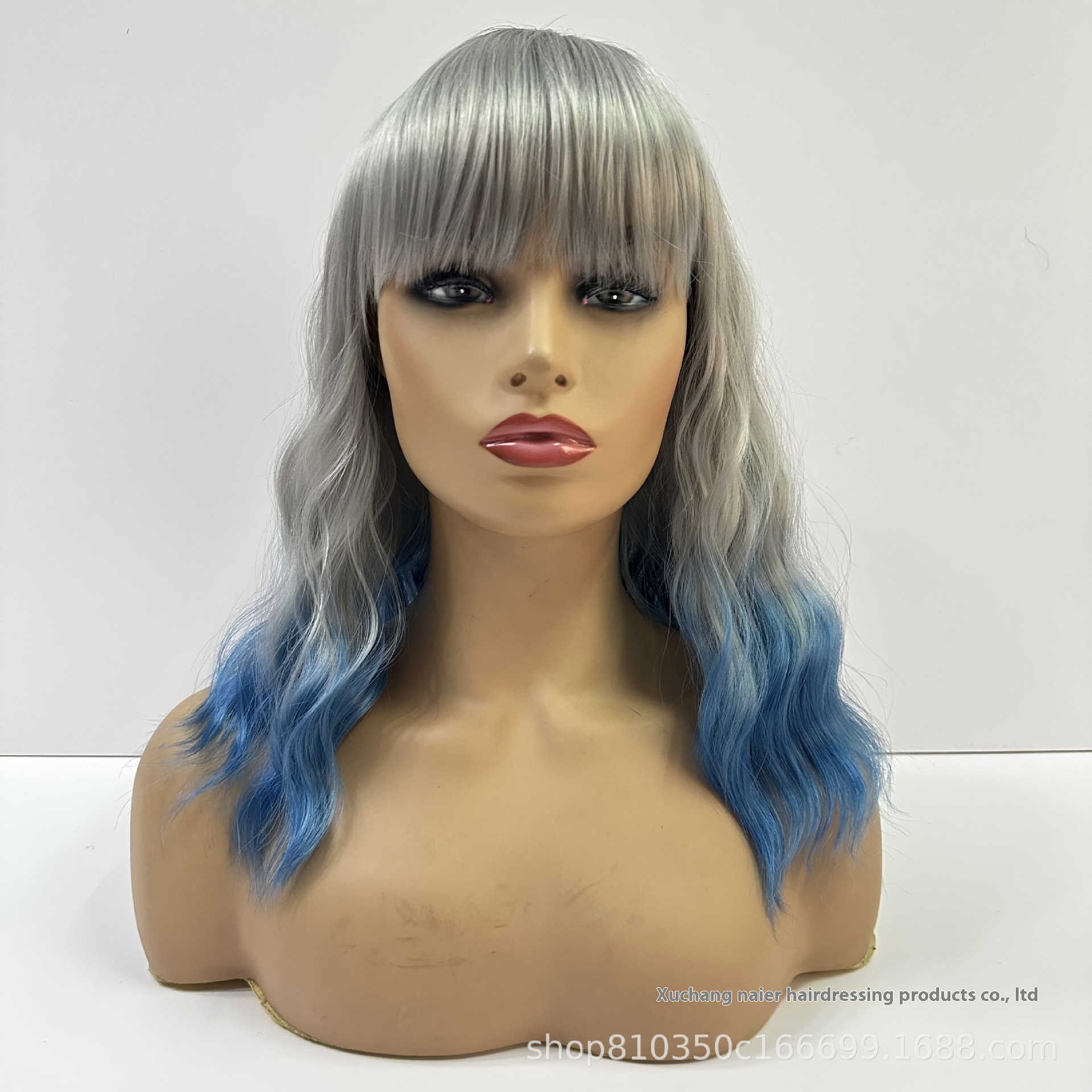 European And American Wigs For Women With Dyed Gradient Short Curly Hair, Black, Gray And Blue3-color Chemical Fiber High-temperature Silk Fashionable Ombre With Bangs