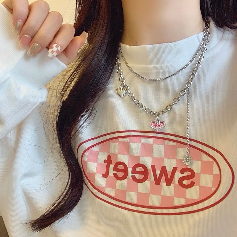 Pink Love Necklace Light Luxury Niche High-end Hip-hop Double-layer Sweater Chain Autumn And Winter