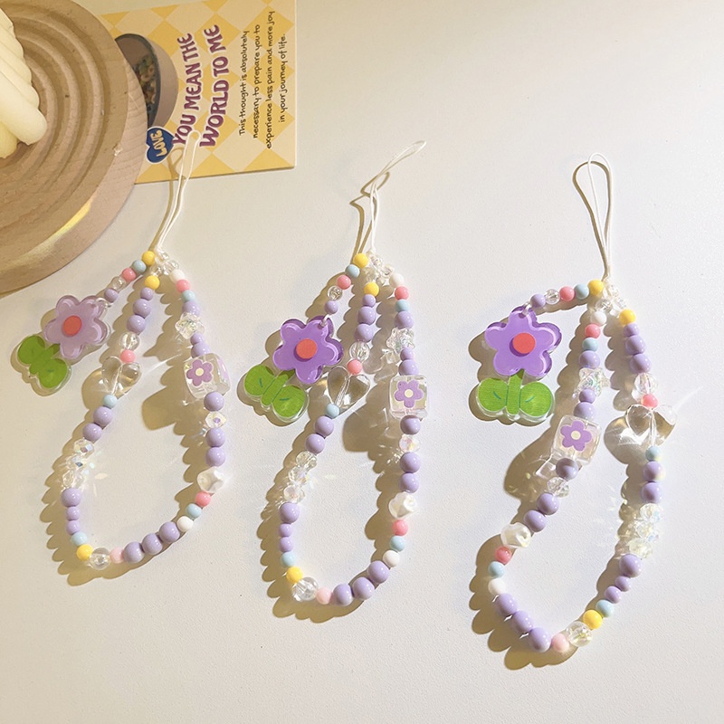Gentle Purple Flower Beads Hanging Chain Portable Chain Universal Mobile Phone Case Ccd Camera Mobile Phone Lanyard Accessories
