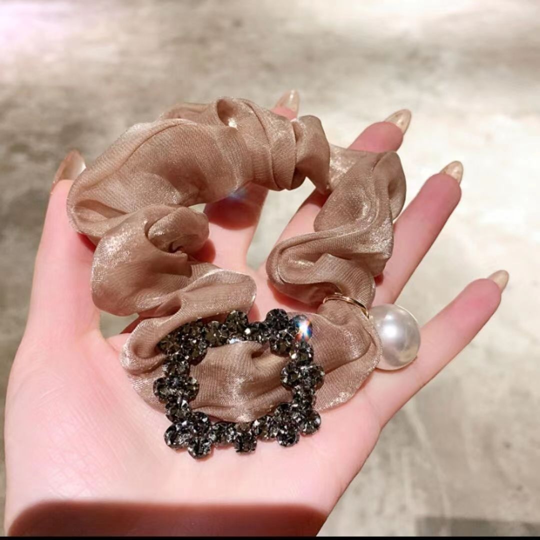 High-grade Diamond Square Hollow Pearl Headband Ponytail Rubber Band Temperament Large Intestine Hair Ring Headdress Hair Rope Female