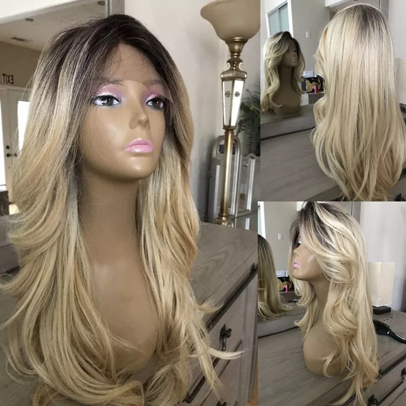 Chemical Fiber Front Lace Natural Wave Wig Headgear High Temperature Silk Brown Hair Root Mixed Golden Long Curly Hair A Generation Of Hair