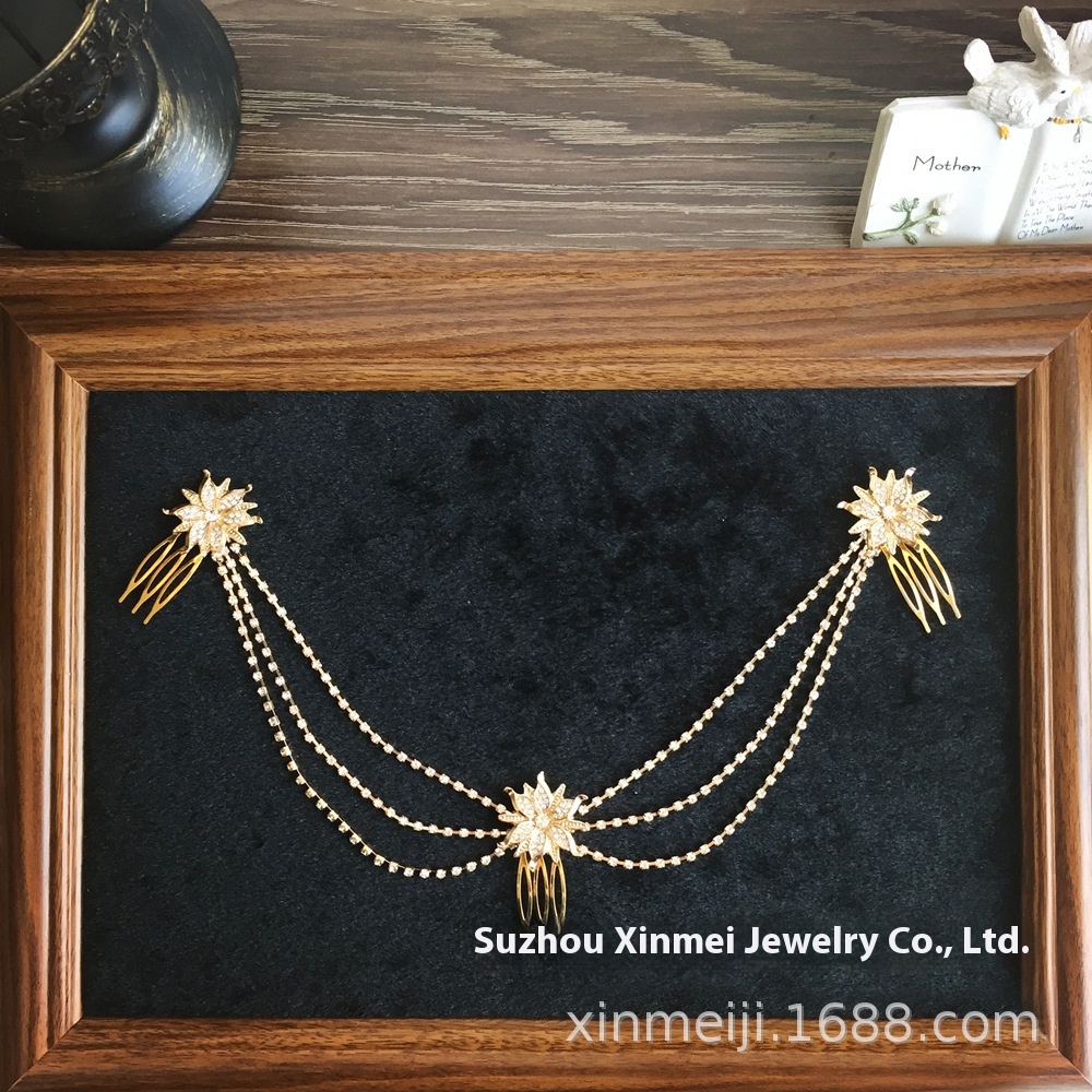 O043 European And American Alloy Chain Diamond Bride Comb Golden Sunflower Wedding Dress Wedding Headdress