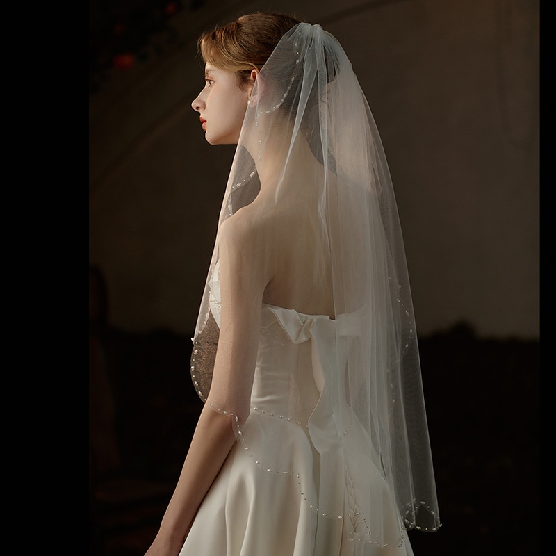 V737 Wave Edge Veil European And American Single Layer Handmade Beaded White Bride Wedding Studio Photo Headdress