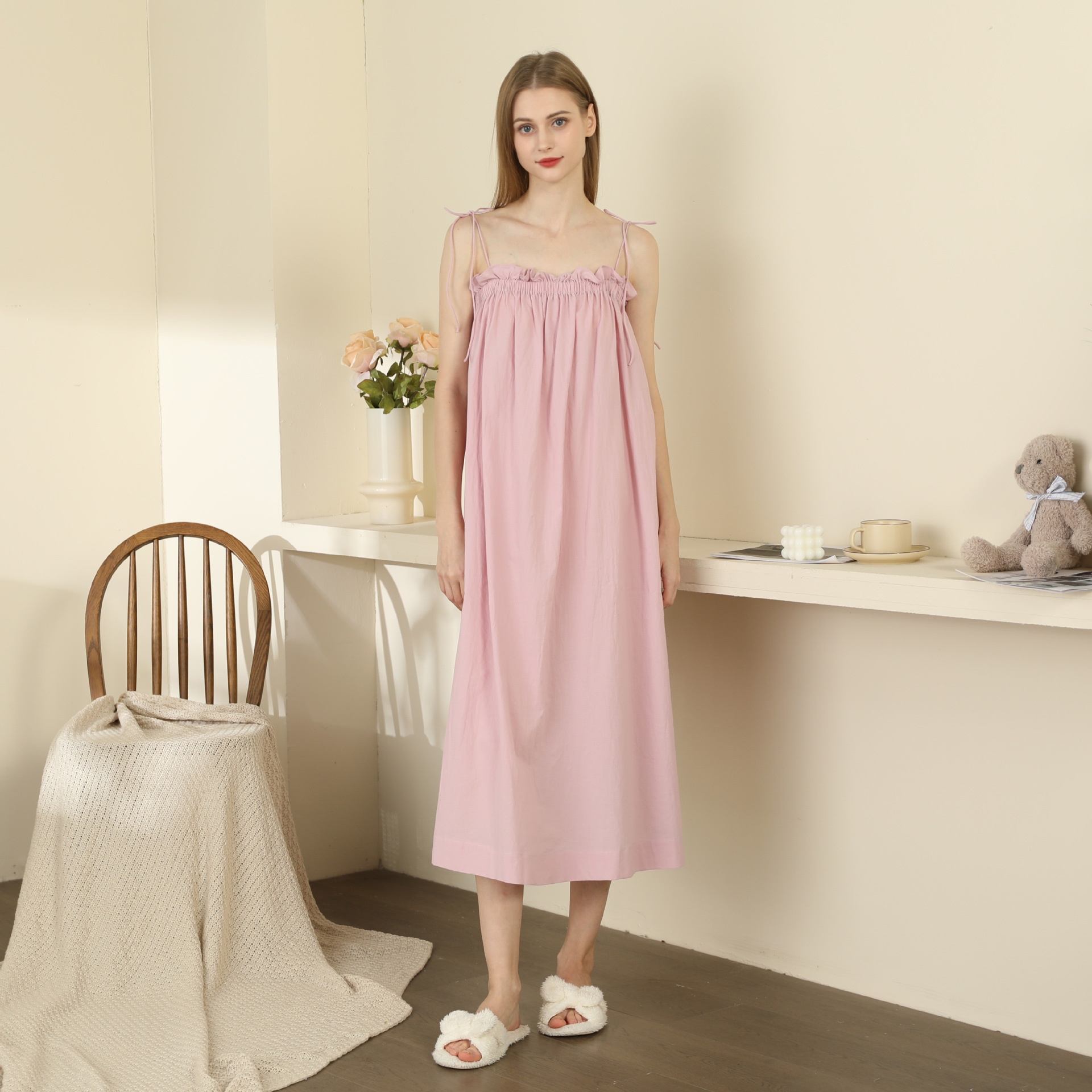 Spring And Summer Pajamas For Women,Pure Candy Color,Sexy Style,Cotton Loose Pregnant Women Suspenders,Lace-up Long Skirt,Home Clothes