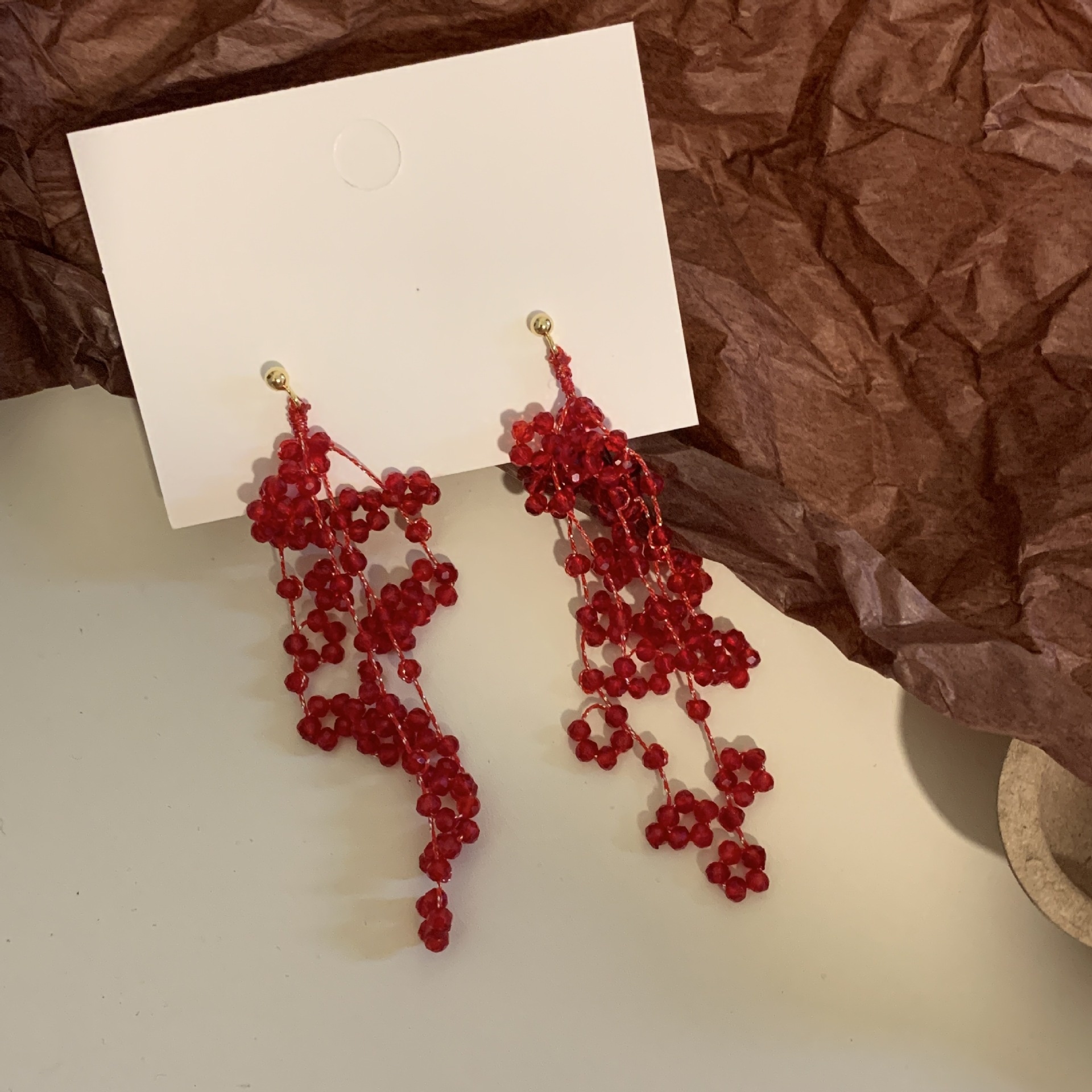 Red Retro Beaded Tassel Earrings Women Exaggerated Light Luxury Crystal Elegant Design Wedding Earrings