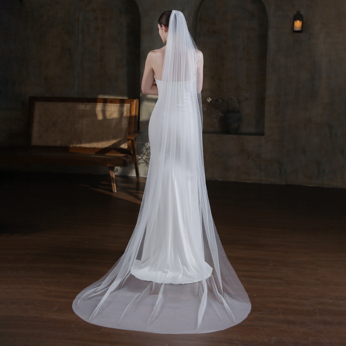 V870 Super Fairy White Single-layer Bridal Veil European And American Atmospheric Hot Diamond3-meter Long Trailing Travel Photography Headdress