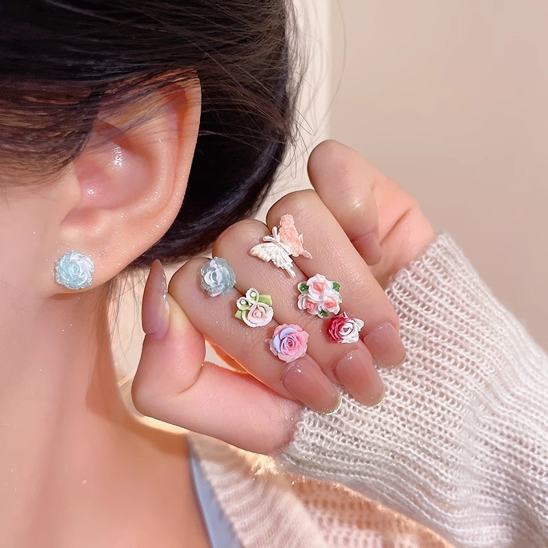 Pink Flower Light Luxury Earrings Women's Cute Sweet Cool Fashion Earrings Niche Arrival Silver Pin Unique Earrings For Women