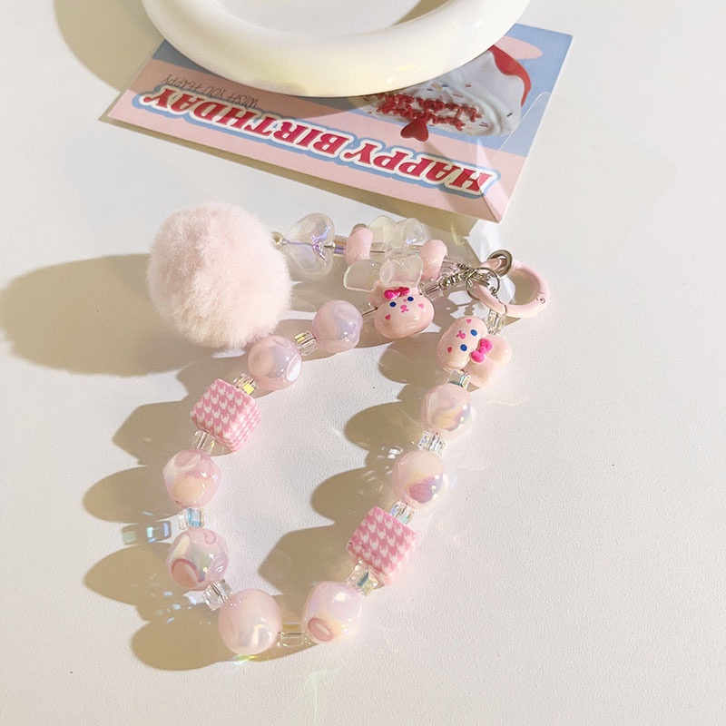 Diy Pink Plush Double Chain Pendant Universal Mobile Phone Case Bow Rabbit Chain Mobile Phone Lanyard For Women