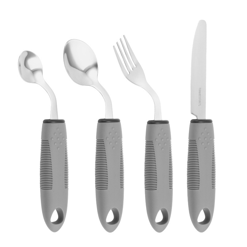 Flexible Gray Rubber And Plastic Handle Elderly Anti-Shake Disabled Adaptive Rehabilitation Tableware Food-Assisting Knife, Fork And Spoon Set