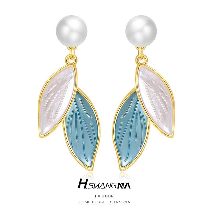 High-end Light Luxury Pearl Vintage Earrings Niche Design Blue Leaves Gentle Temperament Popular Leaf Earrings For Women