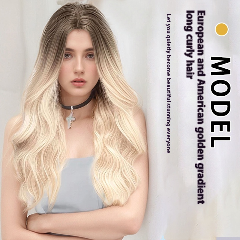 Net Red Wind Royal Sister Temperament Golden Wig Full Head Long Wig Gradient Wig
