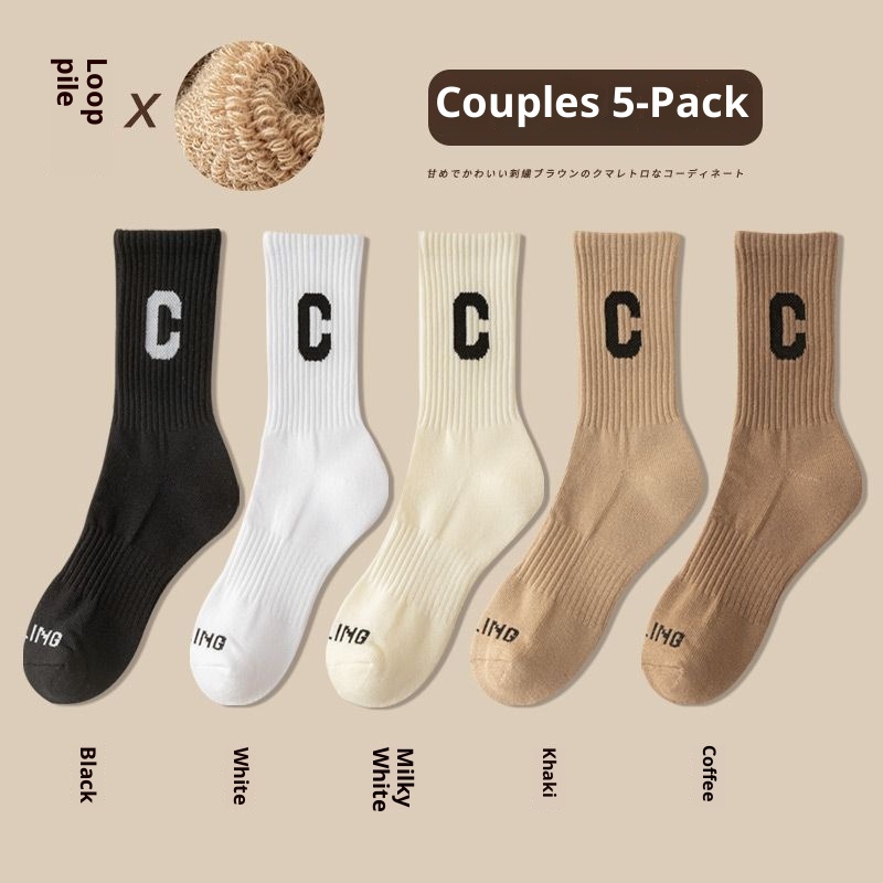 Large C Half-terry Bottom Socks Women's Mid-tube Socks Running Deodorant Girls Winter Thickened Towel Bottom Black And White Socks