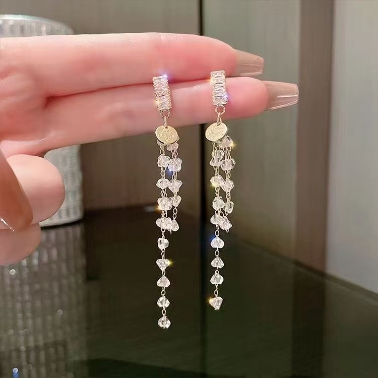 Light Luxury Smart Crystal Long Tassel Earrings Niche Design Fresh And Sweet High-end All-match Exquisite Earrings For Women
